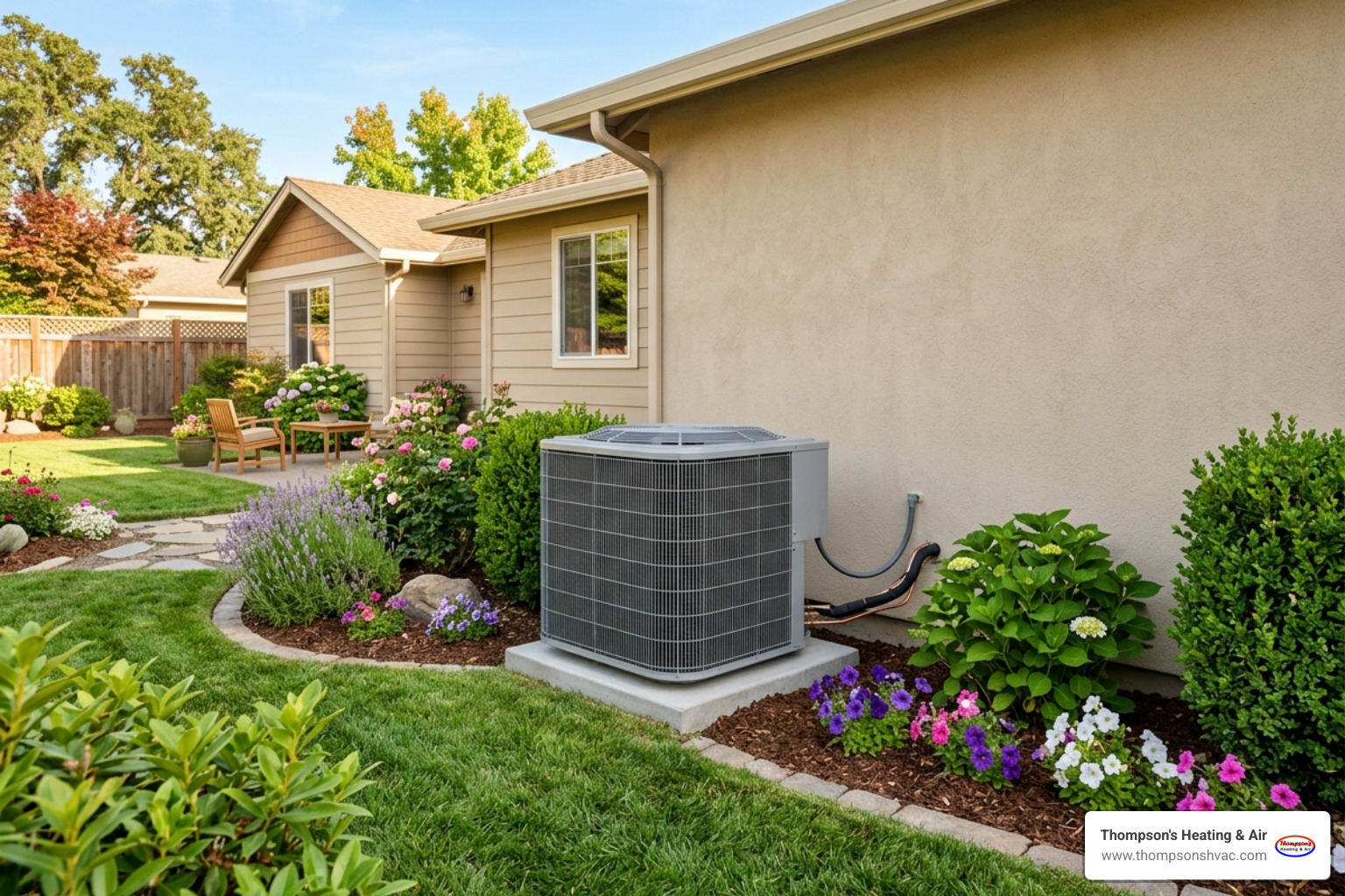 A well-maintained outdoor condenser unit surrounded by clean landscaping in a Woodland backyard - annual hvac maintenance is A well-maintained outdoor condenser unit surrounded by clean landscaping in a Woodland backyard - annual hvac maintenance is