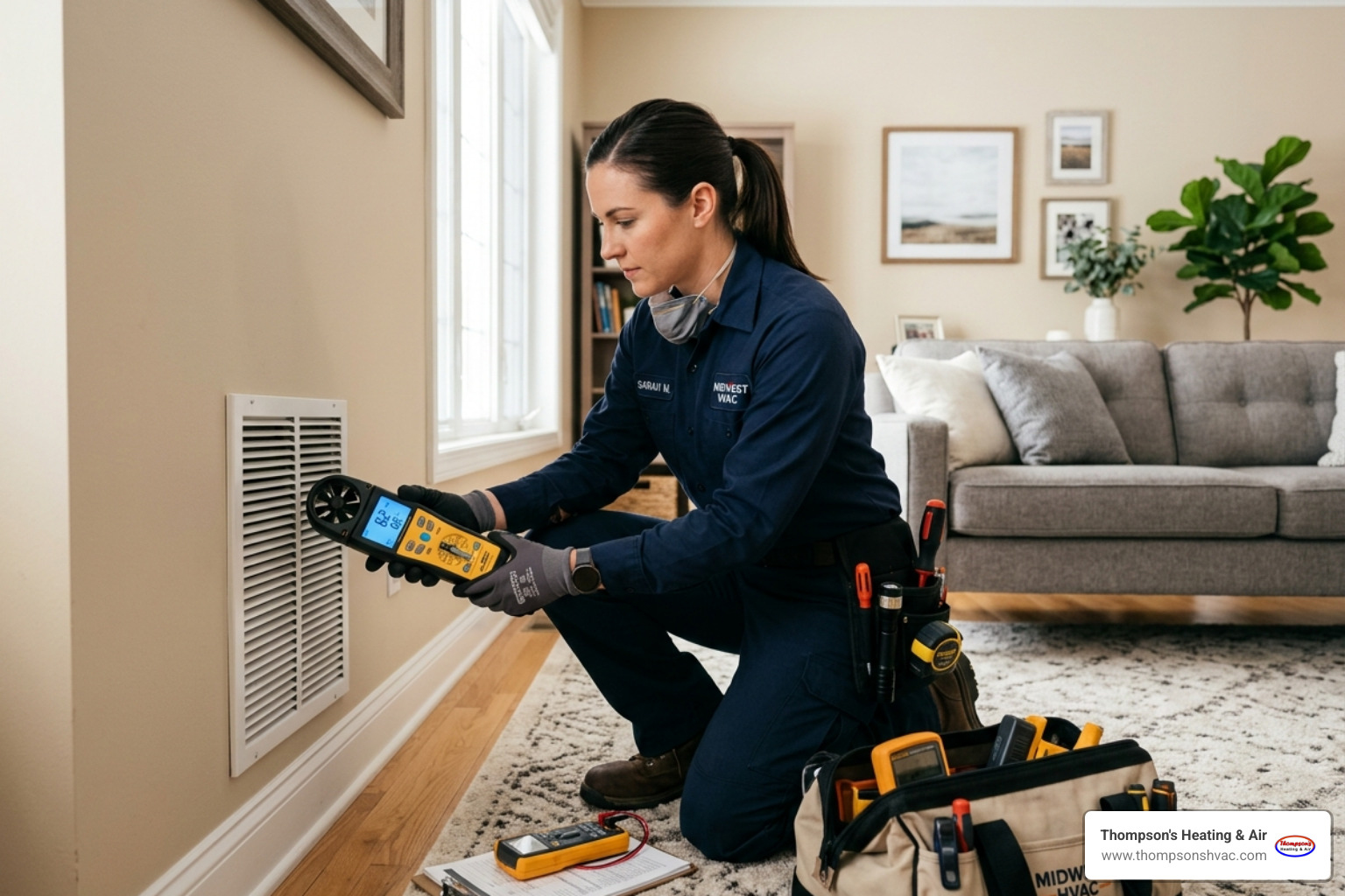 technician testing airflow at a residential vent with a digital anemometer - should i repair or replace my hvac system technician testing airflow at a residential vent with a digital anemometer - should i repair or replace my hvac system