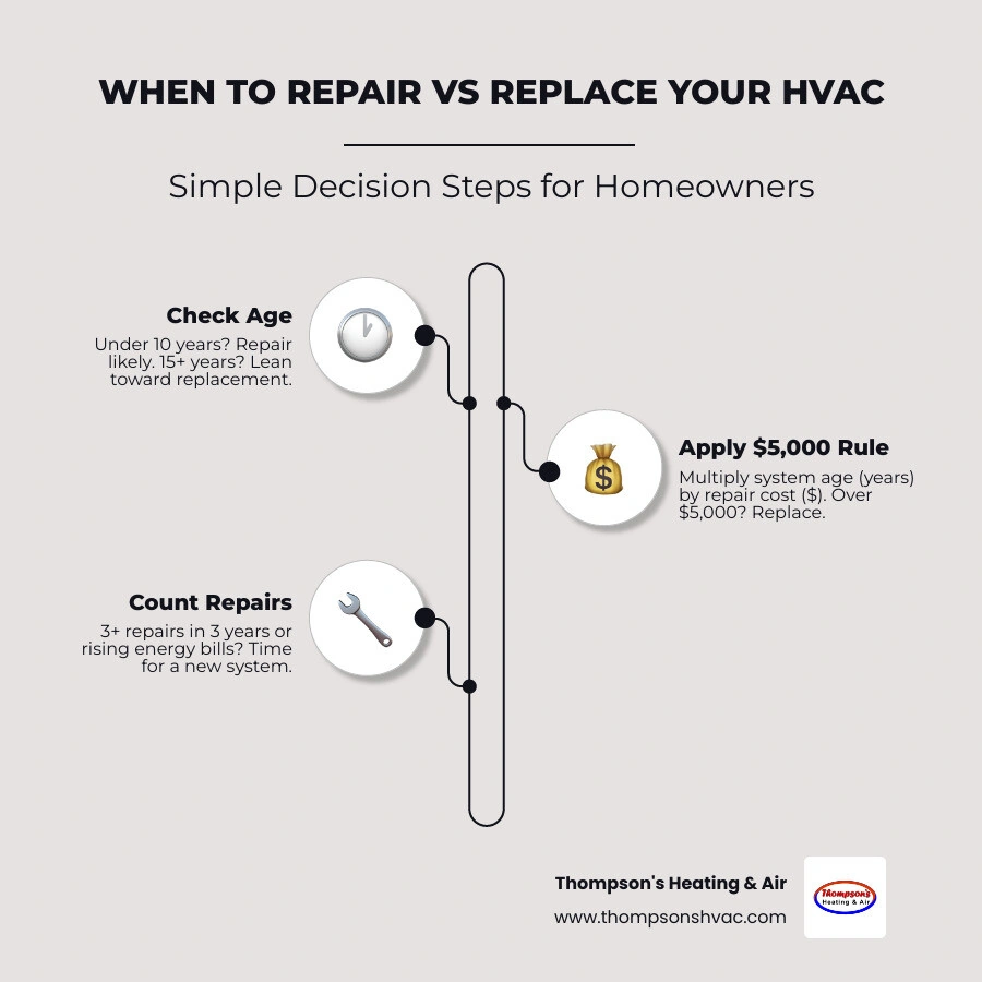 Repair vs replace HVAC decision tree infographic with age, cost, and efficiency factors - when to repair vs replace your Repair vs replace HVAC decision tree infographic with age, cost, and efficiency factors - when to repair vs replace your