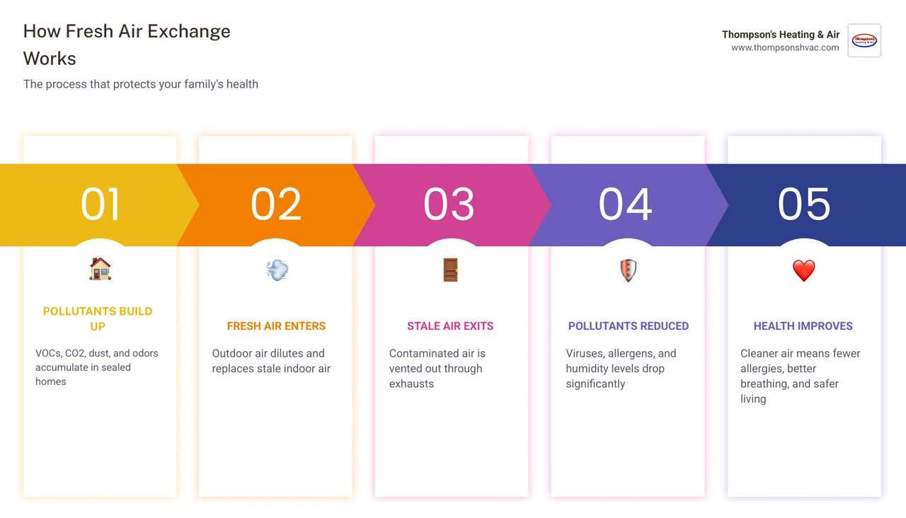 Infographic showing how fresh air exchange works in a home: pollutants build indoors, fresh air enters, stale air exits, and Infographic showing how fresh air exchange works in a home: pollutants build indoors, fresh air enters, stale air exits, and