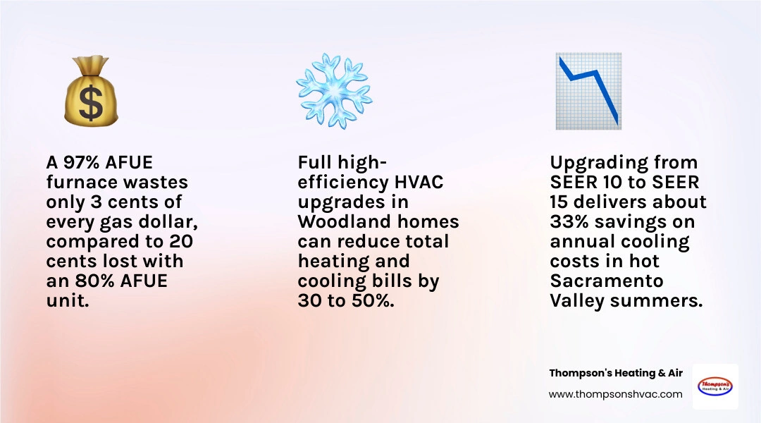 Infographic comparing 80% AFUE vs 96% AFUE furnace efficiency and SEER 10 vs SEER 15 cooling savings infographic Infographic comparing 80% AFUE vs 96% AFUE furnace efficiency and SEER 10 vs SEER 15 cooling savings infographic