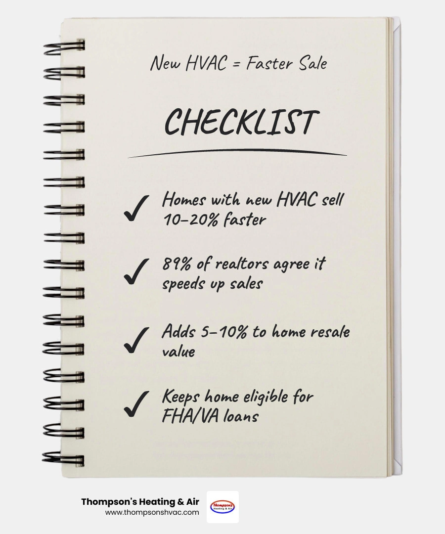 Infographic showing how a new HVAC system impacts home sale speed, value, buyer pool, and inspection outcomes - does a new