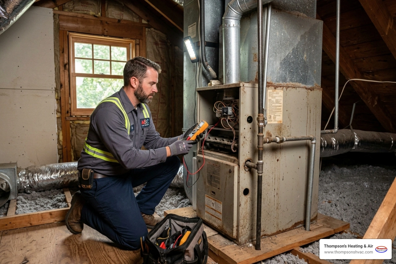 A professional Thompson's technician inspecting an aging furnace unit in a residential attic A professional Thompson's technician inspecting an aging furnace unit in a residential attic