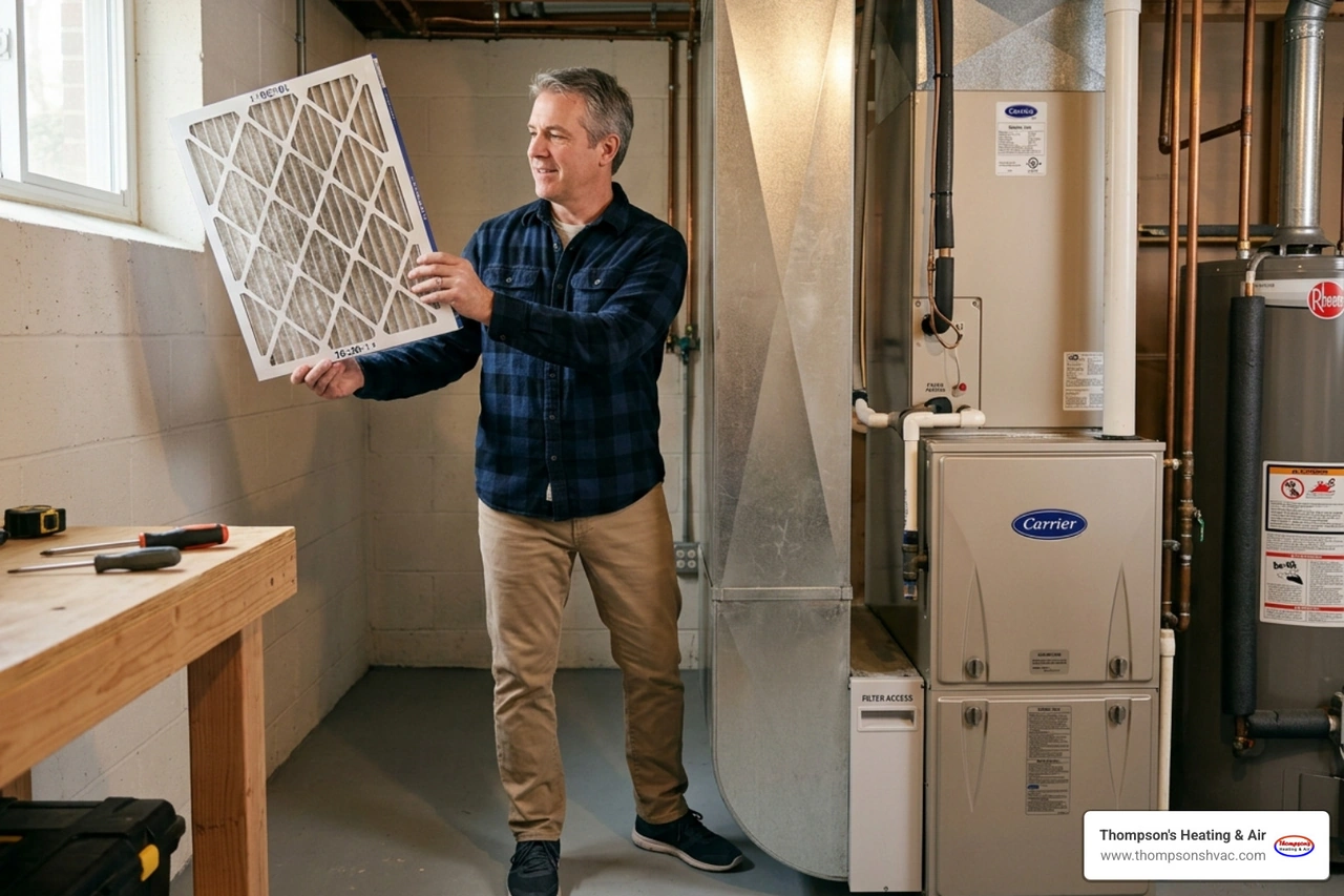 Homeowner in Woodland CA inspecting a pleated air filter near an indoor air handler Homeowner in Woodland CA inspecting a pleated air filter near an indoor air handler
