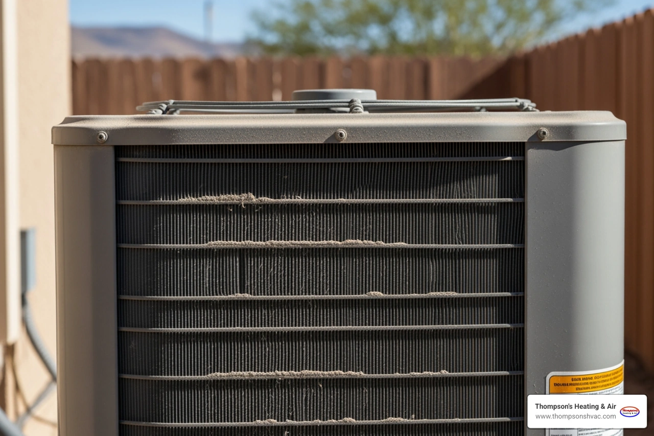 Dusty outdoor condenser coils in a dry valley backyard Dusty outdoor condenser coils in a dry valley backyard