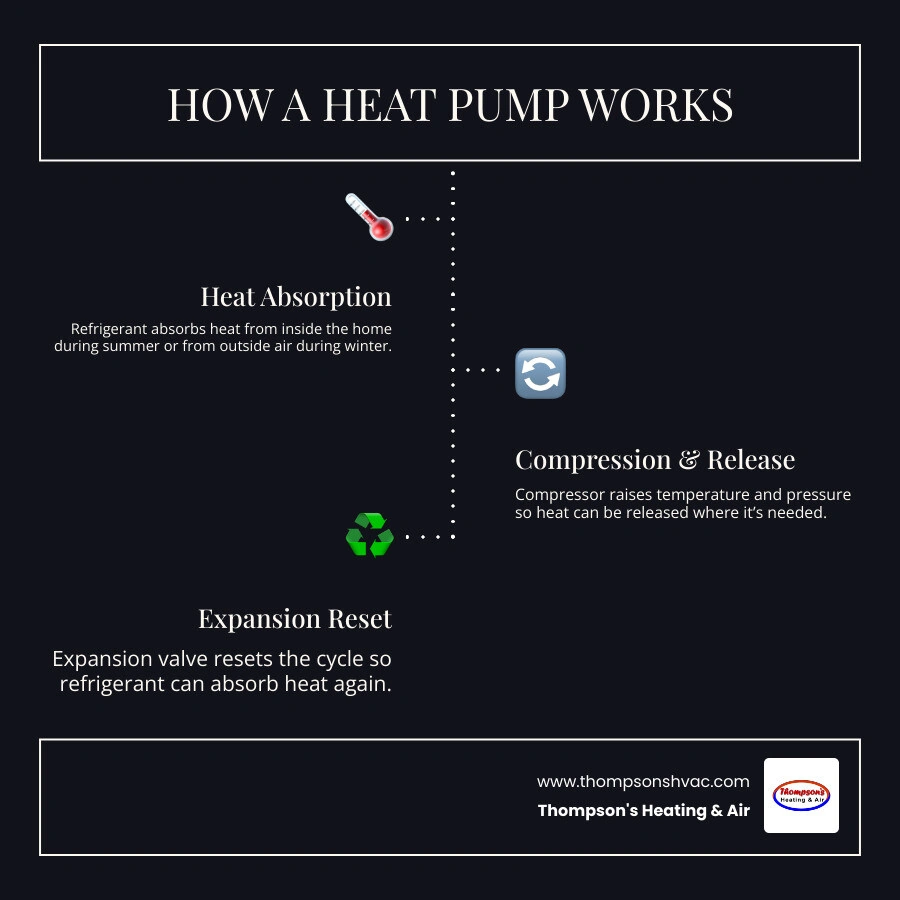 Infographic showing the basic heat pump cycle: refrigerant absorbs heat outdoors, compressor raises temperature, heat