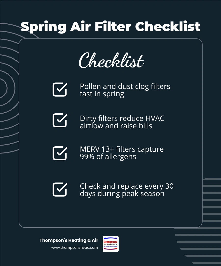 Infographic showing how air filters trap spring allergens pollen dust MERV ratings replacement steps infographic Infographic showing how air filters trap spring allergens pollen dust MERV ratings replacement steps infographic