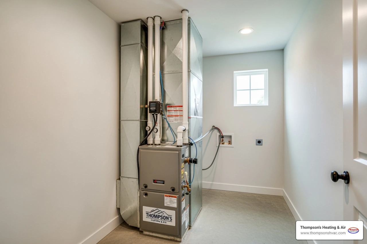 a newly installed high-efficiency furnace in a clean, well-lit utility room