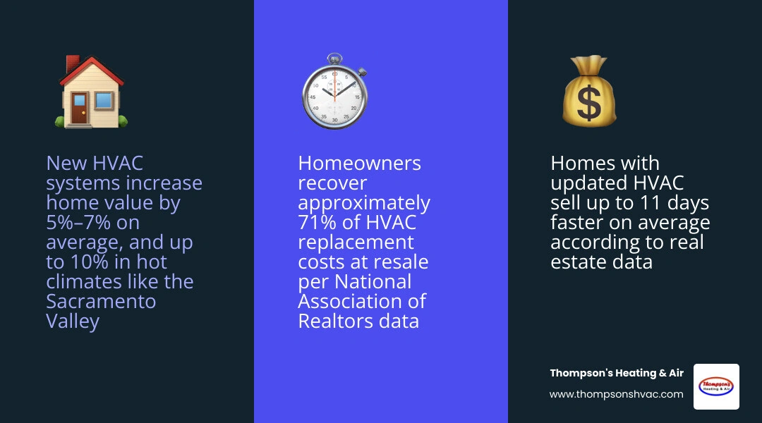 Infographic showing 2026 HVAC replacement benefits including home value increase, energy savings, faster sale, and tax
