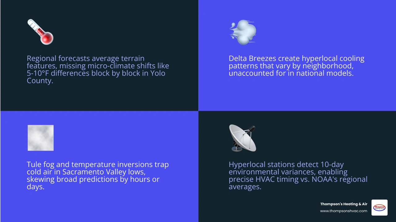 Infographic comparing regional weather forecasts vs Valley micro-climate hyperlocal data for HVAC decisions - how local Infographic comparing regional weather forecasts vs Valley micro-climate hyperlocal data for HVAC decisions - how local