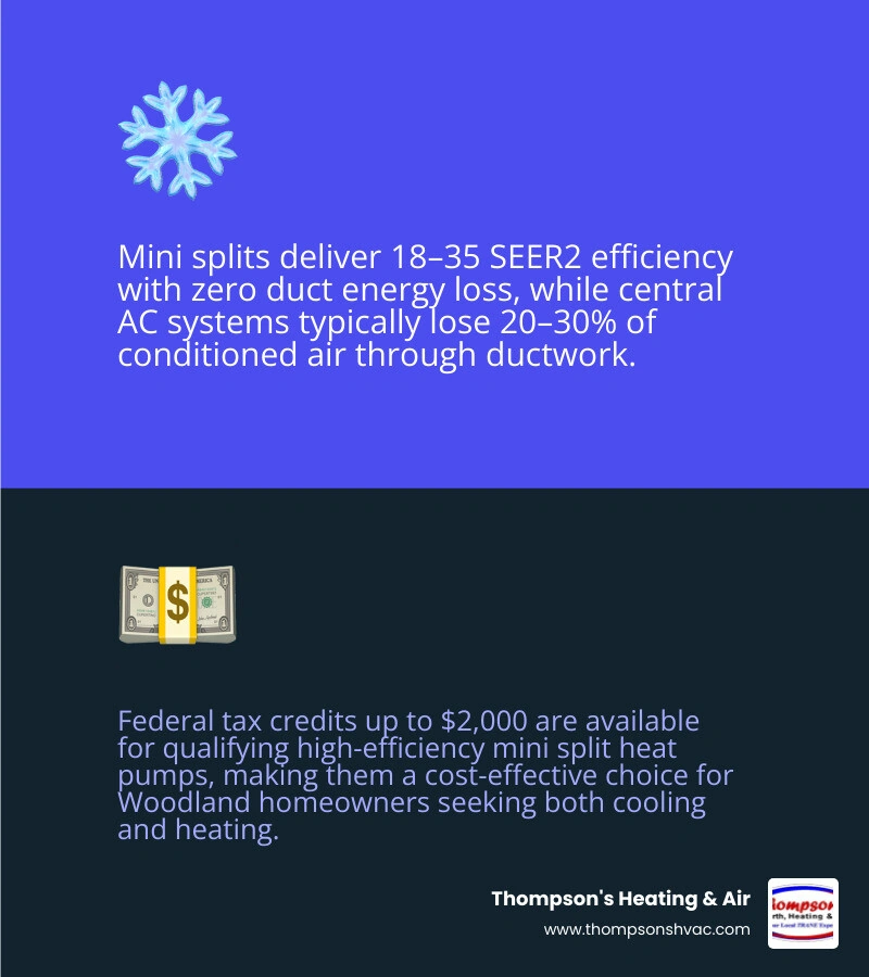 Infographic comparing ductless mini split vs central AC: airflow, SEER2, duct loss, cost factors, and tax credits infographic