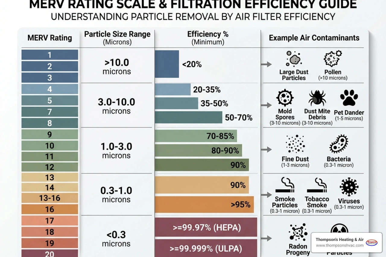 A detailed MERV rating chart showing different particle sizes like dust mites, pollen, and smoke captured at each level A detailed MERV rating chart showing different particle sizes like dust mites, pollen, and smoke captured at each level