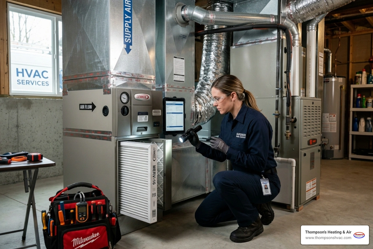 hvac technician inspecting residential ductwork and air filtration system - air purification options for your hvac system hvac technician inspecting residential ductwork and air filtration system - air purification options for your hvac system