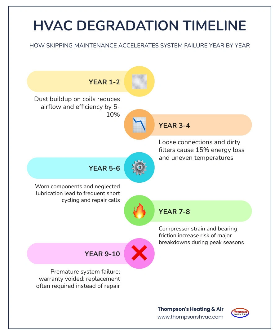 Timeline infographic showing HVAC system degradation from year 1 to year 10 without maintenance infographic