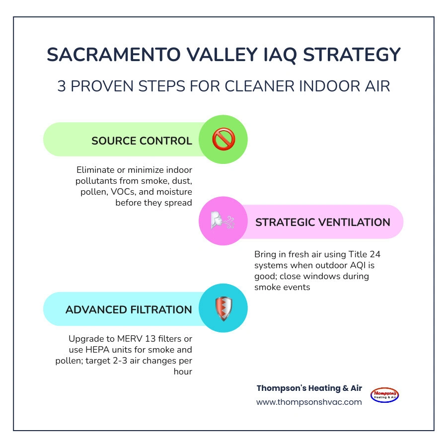 Infographic showing 3-step Sacramento Valley IAQ strategy: source control, ventilation, and filtration with key local