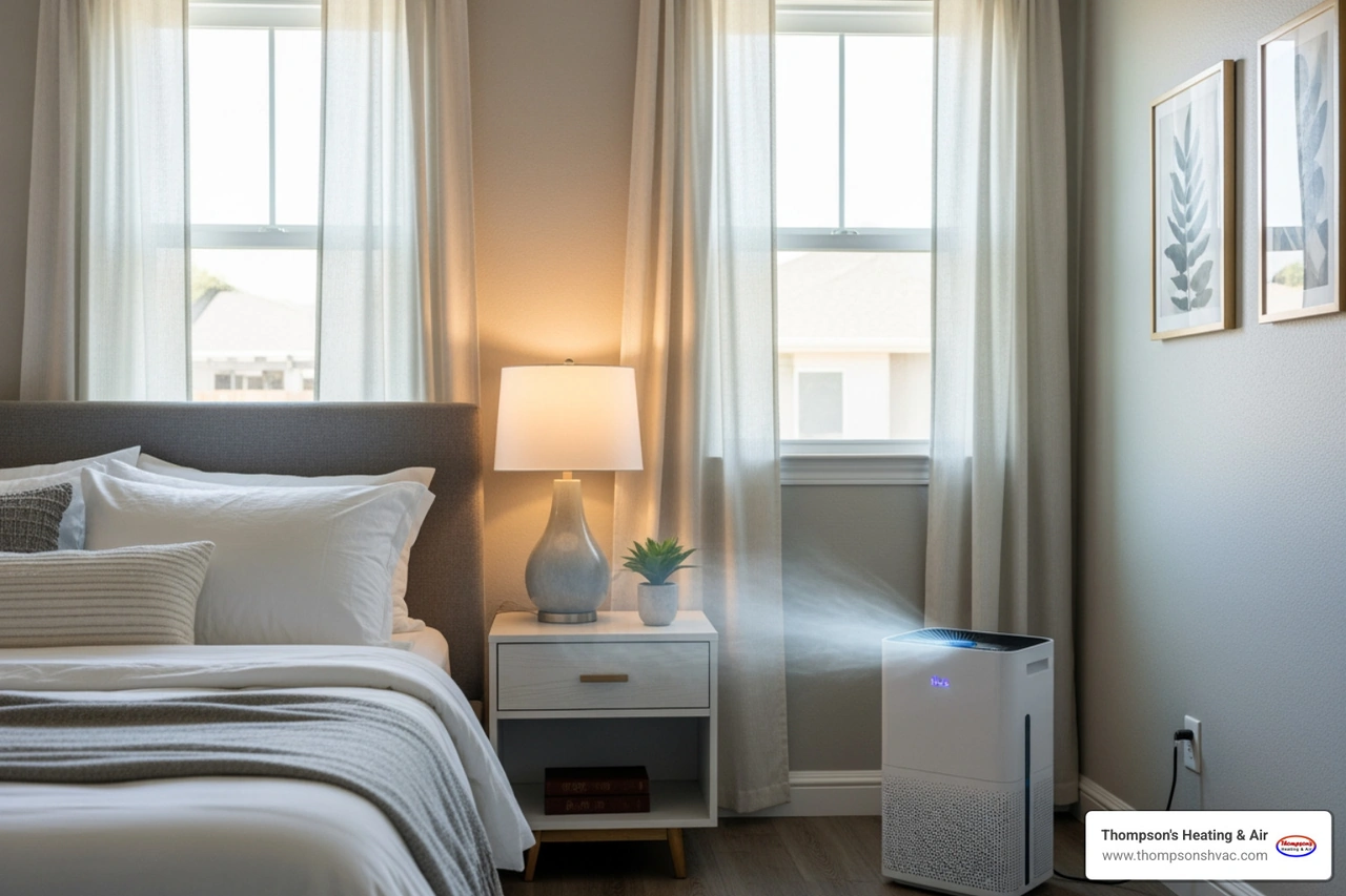 clean air room with portable HEPA purifier in bedroom and windows closed during smoke event