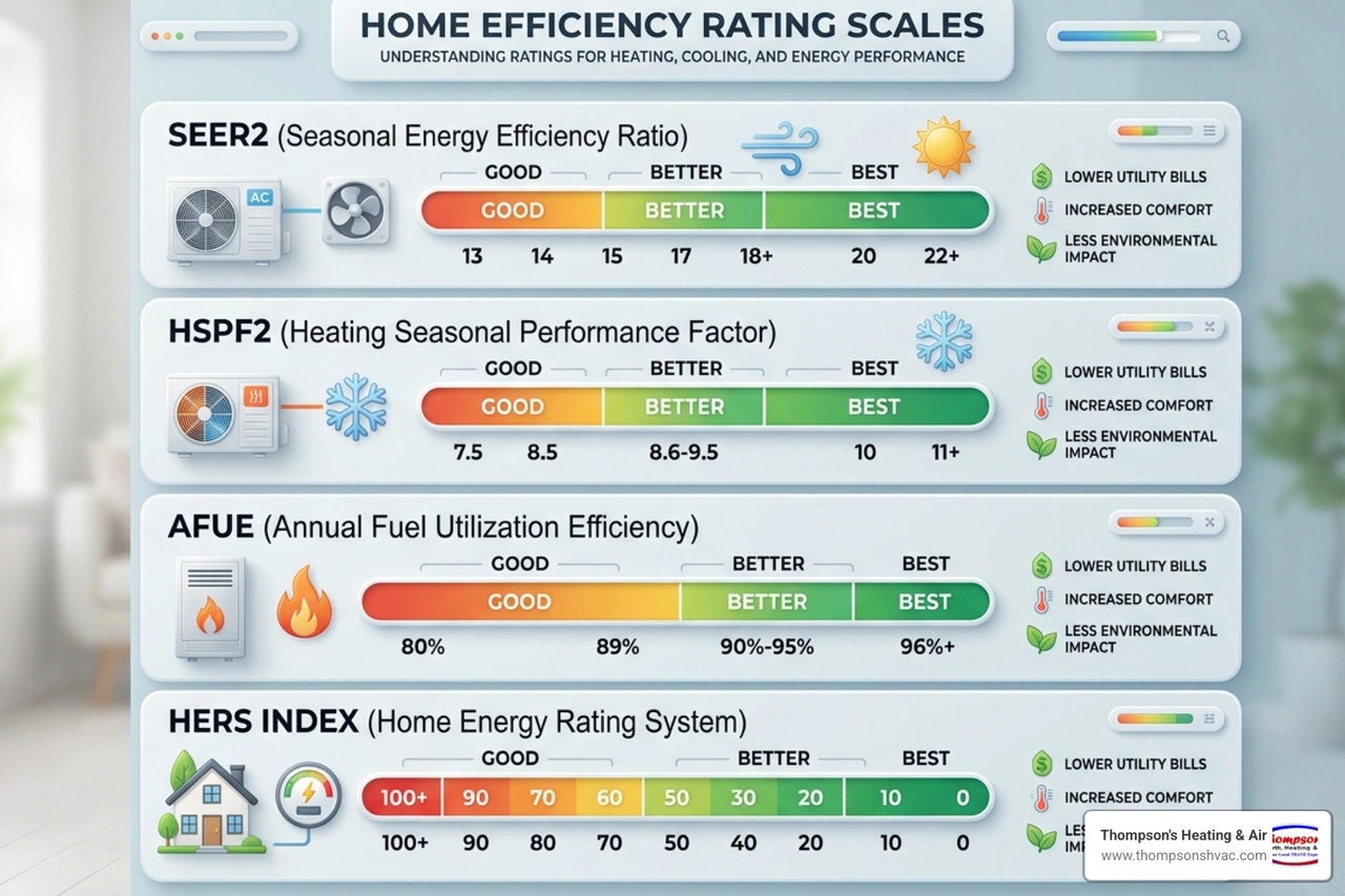 Infographic showing SEER2, HSPF2, AFUE, and HERS Index efficiency rating scales with what counts as good, better, and best