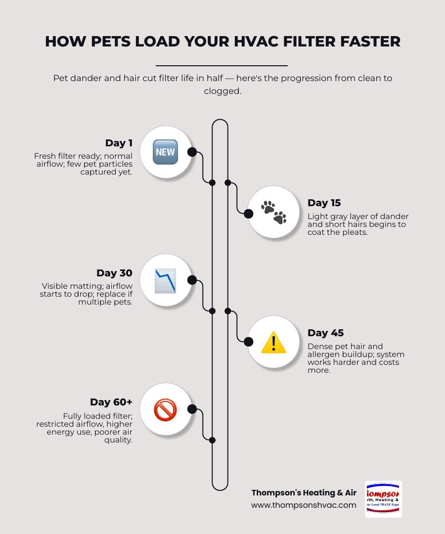 Infographic showing how pet dander circulates through home ventilation and recommended filter change schedule by pet count