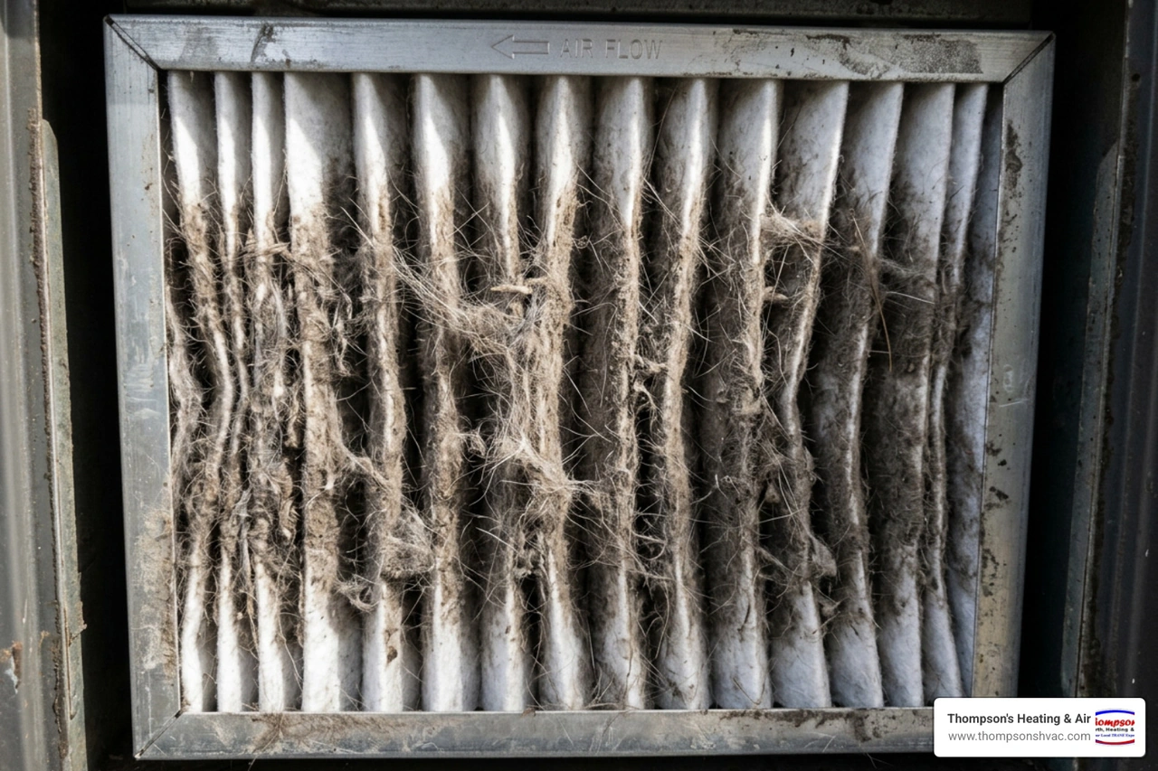 heavily clogged 1-inch pleated air filter covered in pet dander and hair