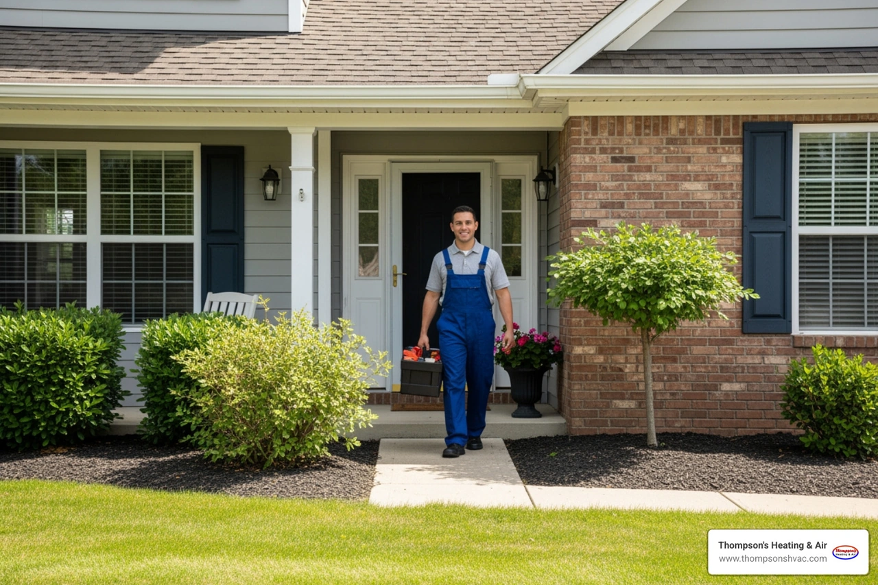 Thompson's Heating and Air technician arriving promptly at a local home for an emergency service call Thompson's Heating and Air technician arriving promptly at a local home for an emergency service call