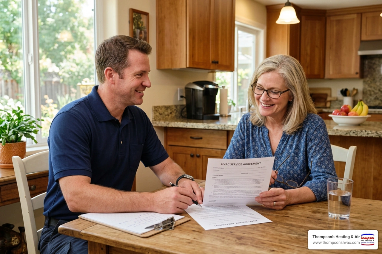 Homeowner in Woodland CA reviewing an HVAC service agreement with a friendly technician