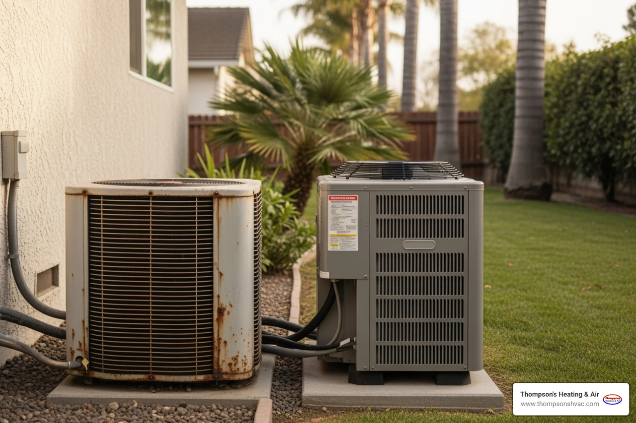 Aging outdoor condenser beside newer HVAC unit at a suburban home Aging outdoor condenser beside newer HVAC unit at a suburban home