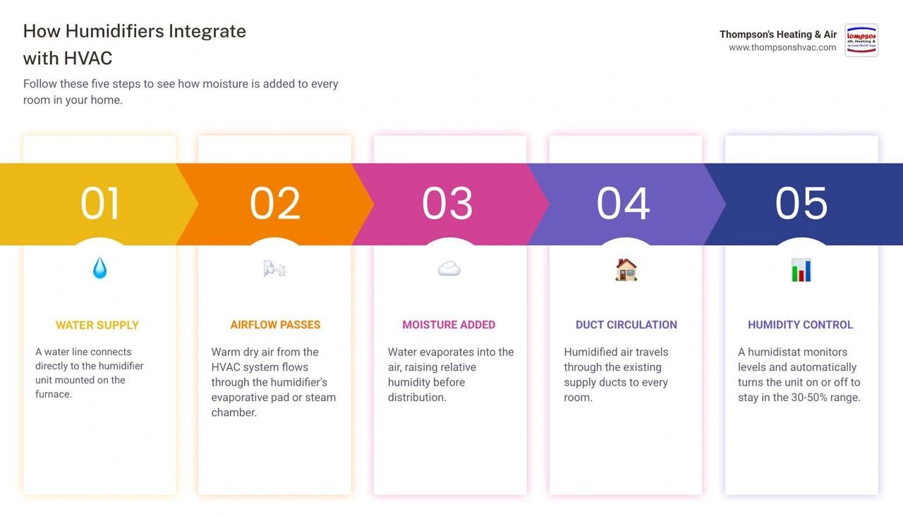 Infographic showing step-by-step how a whole-house humidifier integrates with an HVAC system infographic Infographic showing step-by-step how a whole-house humidifier integrates with an HVAC system infographic