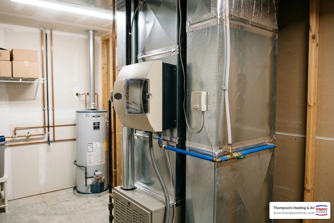 A whole-house humidifier mounted professionally on residential HVAC ductwork A whole-house humidifier mounted professionally on residential HVAC ductwork