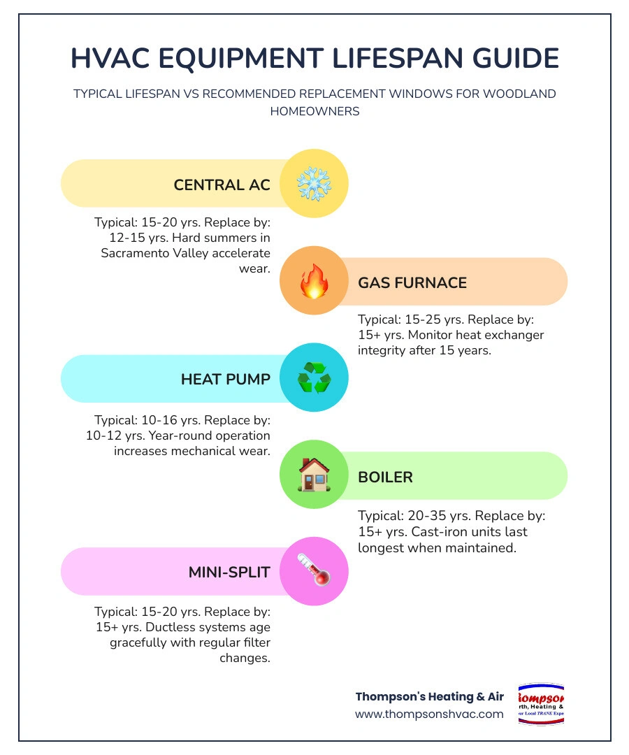 Infographic showing typical HVAC lifespan by equipment type with replacement age thresholds and key warning signs infographic Infographic showing typical HVAC lifespan by equipment type with replacement age thresholds and key warning signs infographic