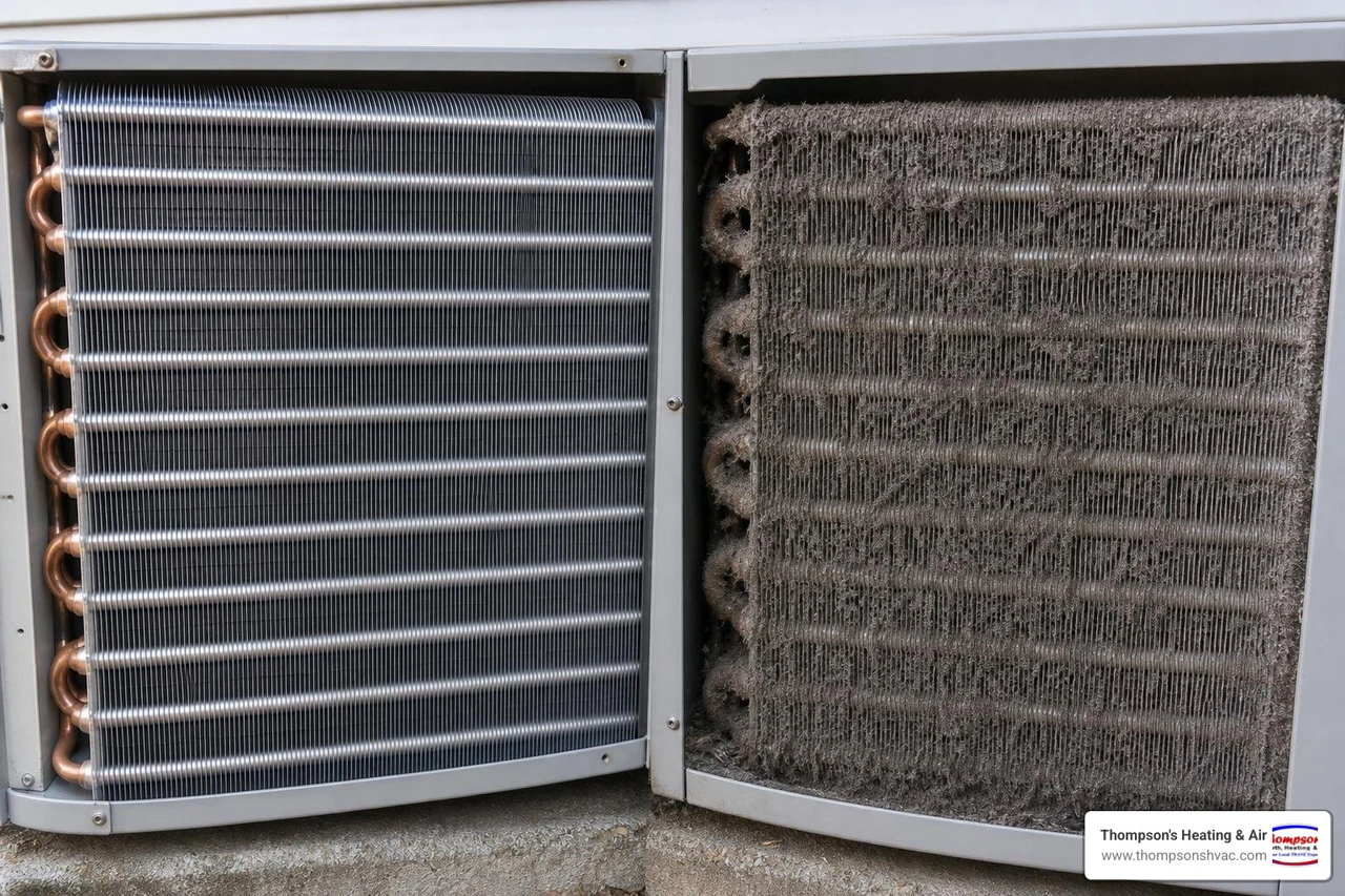 Clean vs dirty condenser coils showing dust buildup and restricted airflow Clean vs dirty condenser coils showing dust buildup and restricted airflow