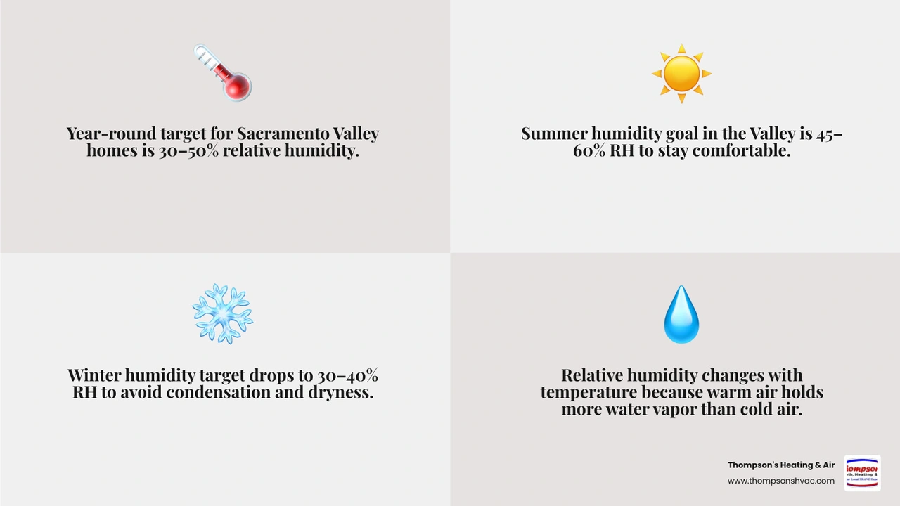 Infographic showing ideal indoor humidity levels by season for Sacramento Valley valley weather infographic Infographic showing ideal indoor humidity levels by season for Sacramento Valley valley weather infographic