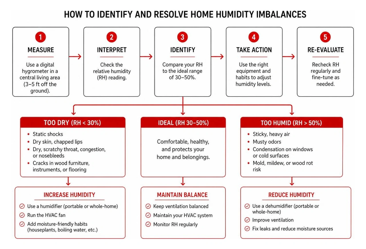 Process diagram showing how to identify and resolve home humidity imbalances Process diagram showing how to identify and resolve home humidity imbalances