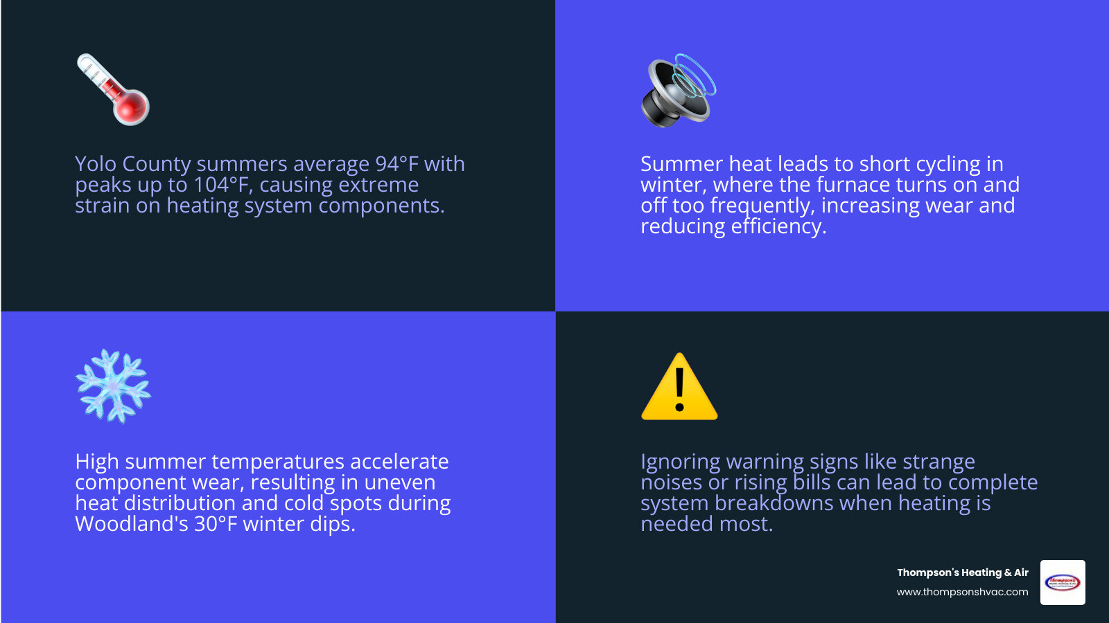 Yolo County summer heat impact on heating systems, warning signs for repairs, and maintenance tips, featuring thermometer, snowflake, speaker, and caution icon, branding for Thompson's Heating & Air.