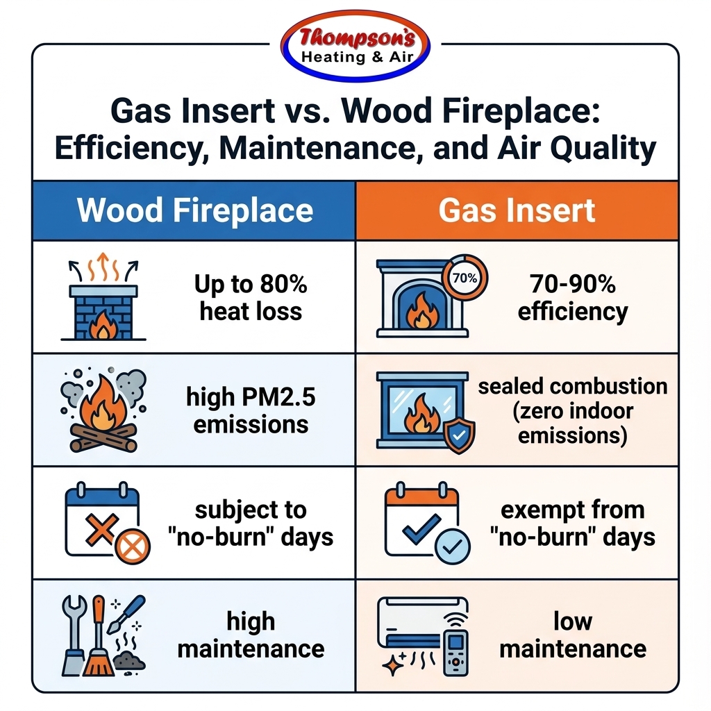Gas Insert vs. Wood Fireplace: Efficiency, Maintenance, and Air Quality