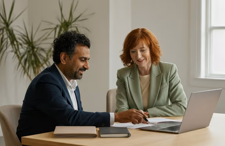 Man and woman seated at a table reviewing documents together with an open laptop nearby.