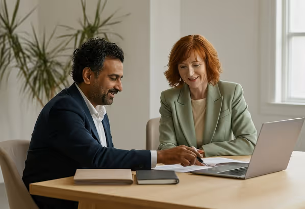 Two professionals, a man and a woman, sitting at a table with a laptop and documents, discussing work.