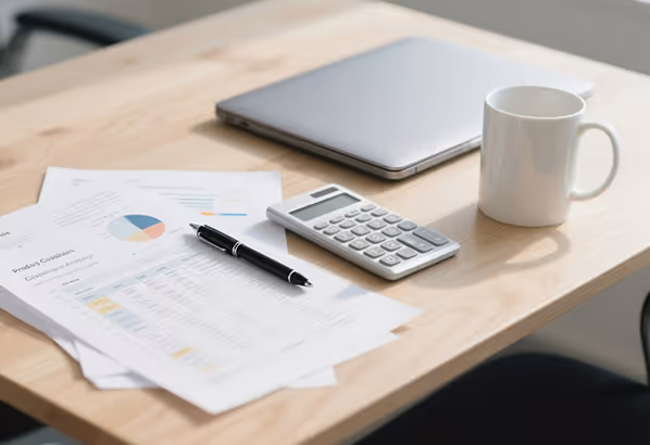 Desk with financial documents, pen, calculator, closed laptop, and white coffee mug.
