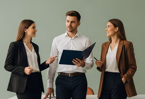 Three young professionals in business attire having a discussion, with one holding a clipboard and the others holding pens.