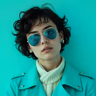 Person with short curly hair wearing reflective sunglasses, a white turtleneck sweater, and a teal jacket against a teal background.