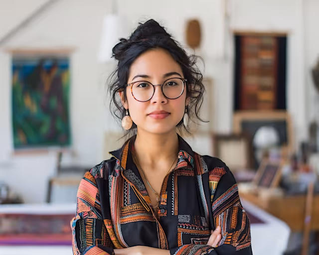 Confident young woman with glasses, wearing a patterned shirt, standing with arms crossed in an art studio.