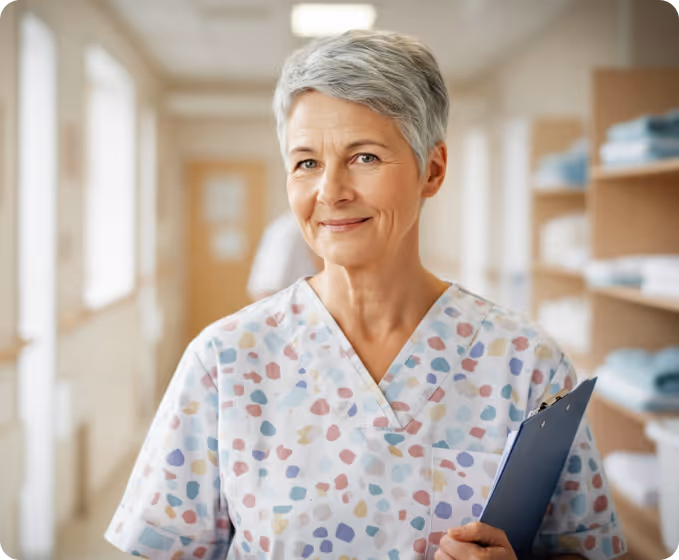 Smiling female healthcare worker with short gray hair holding a clipboard in a hospital corridor.