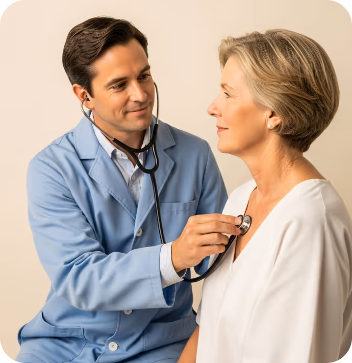 Male doctor in blue coat using a stethoscope to listen to chest of a seated older woman.
