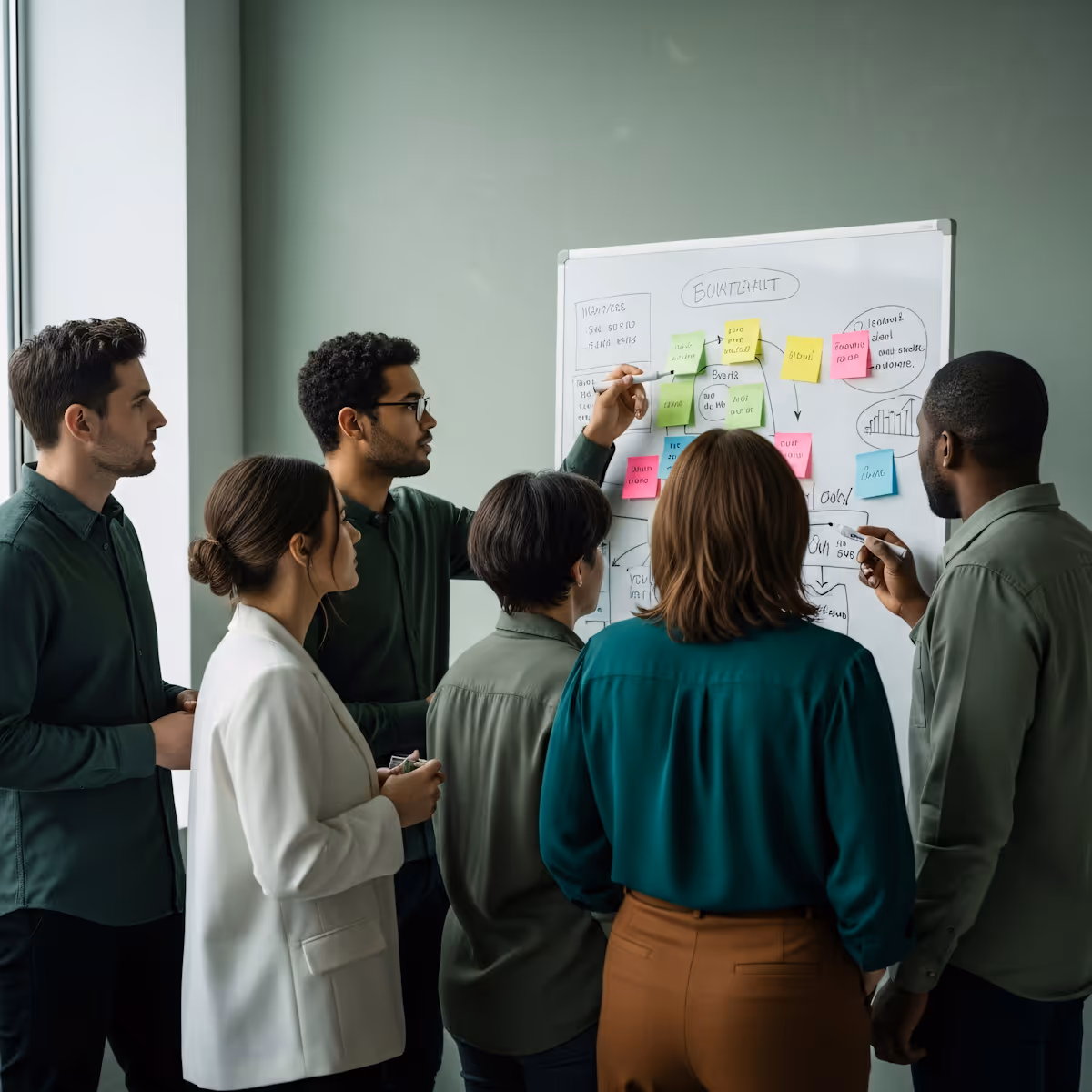 A diverse group of six professionals collaborating and discussing ideas around a whiteboard with colorful sticky notes and diagrams.