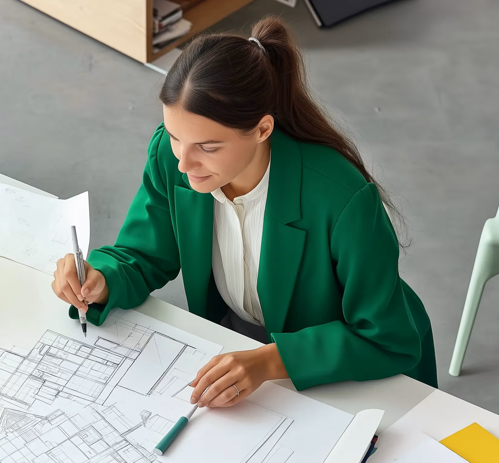 Woman in green blazer drawing architectural blueprints on a desk.
