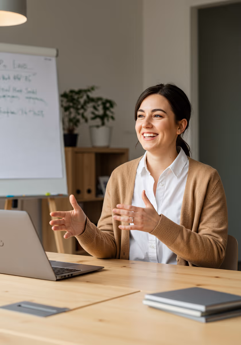 Smiling woman in a white shirt and brown cardigan gesturing while sitting at a desk with a laptop and notebooks in a modern office.