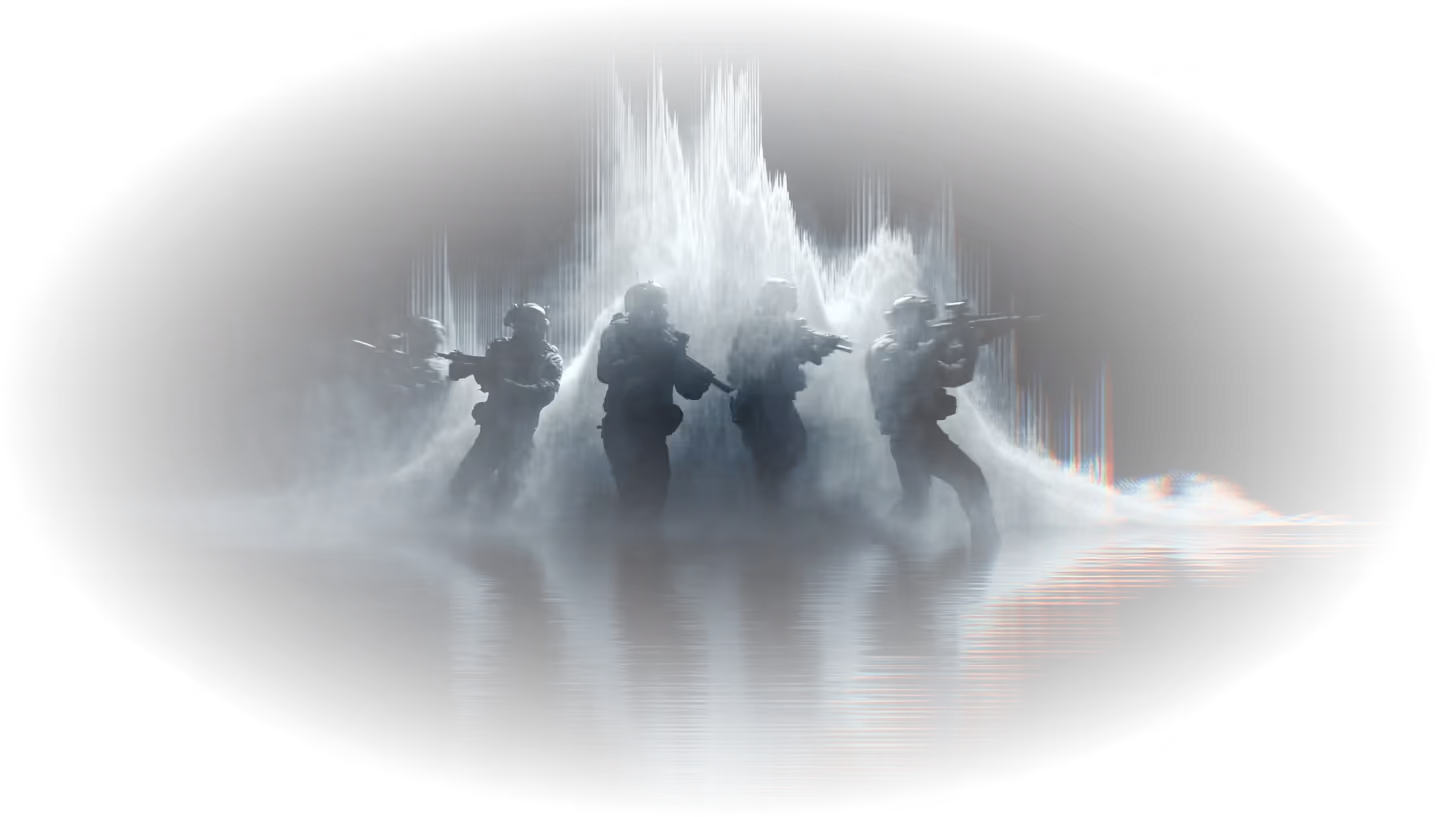 Silhouettes of five armed soldiers in tactical gear with smoke and digital glitch effects.