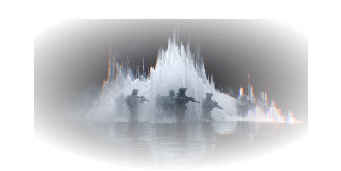 Silhouettes of armed soldiers with rifles standing in mist with glitch effects and water reflections.