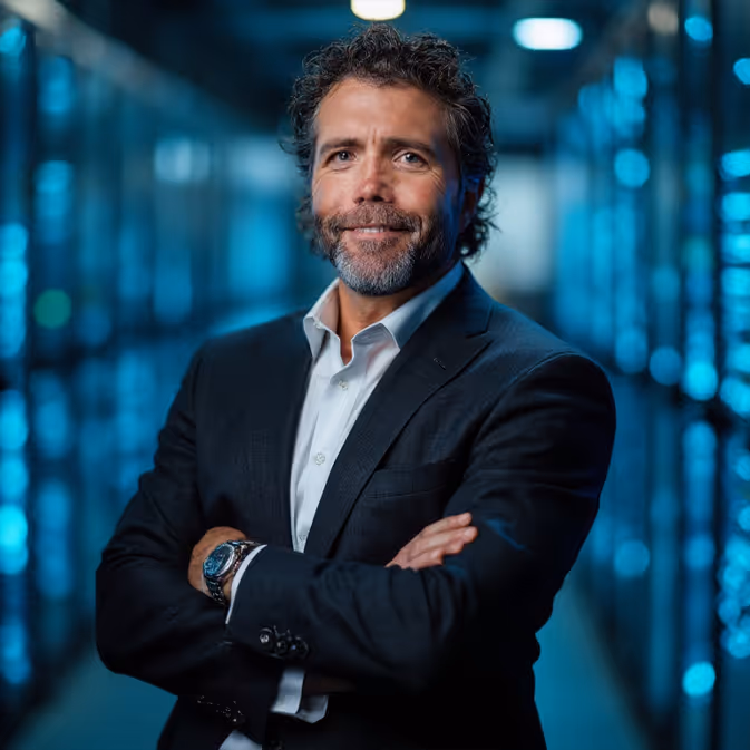 Confident man with curly hair and beard wearing dark suit standing with arms crossed indoors.