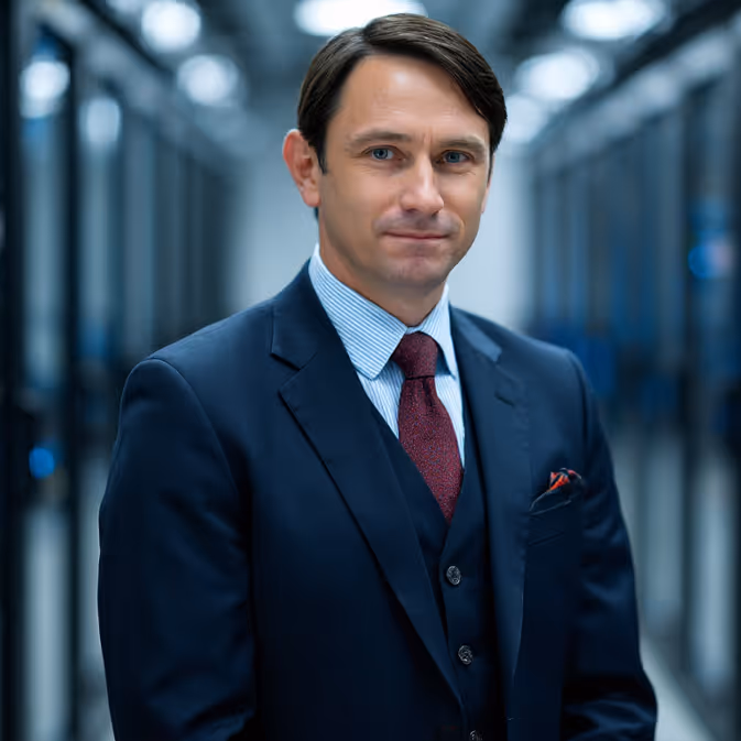 Man in a dark blue suit and red tie standing in a hallway with a confident expression.