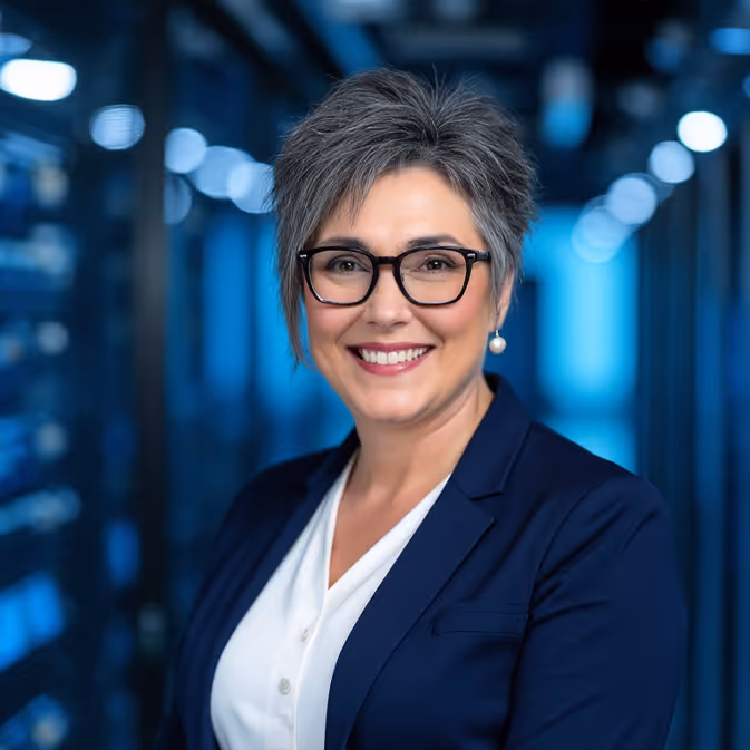 Smiling woman with short gray hair and glasses wearing a navy blazer and white blouse in a blue-lit office.